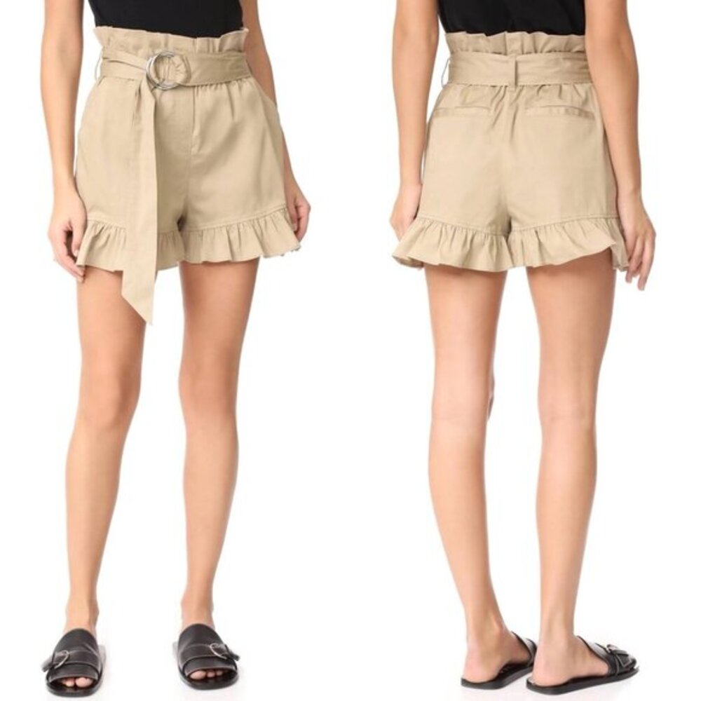 Cinq a Sept Braxton High-waist Belted Ruffled Hem Shorts Size 10 Khaki/Tan